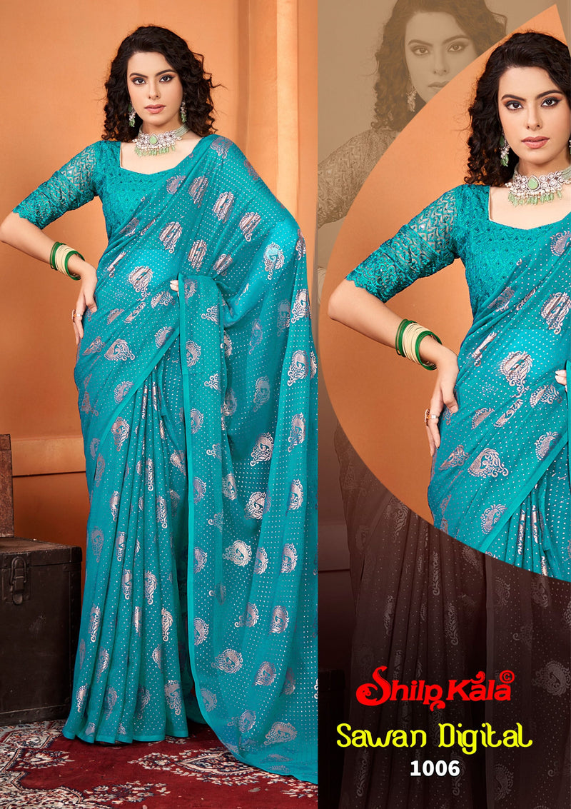 Sawan Multicolor Fancy Georgette Saree with Net Blouse (8 Colours Available).