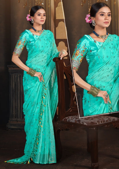 Semi Final Multicolor Fancy Fabric Saree with Work Blouse (8 Colours Available).