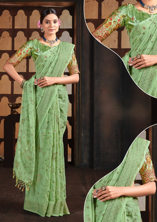 Semi Final Multicolor Fancy Fabric Saree with Work Blouse (8 Colours Available).