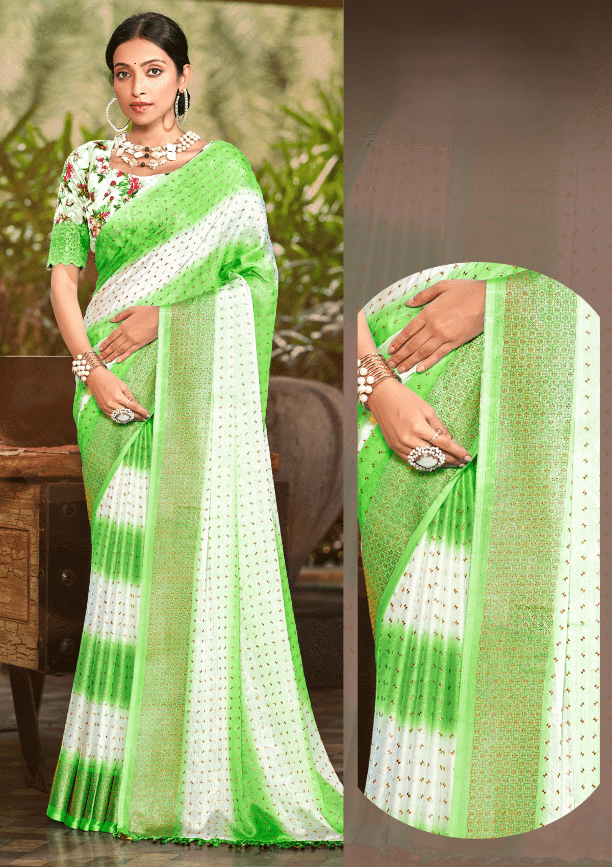 Seven Four Moss Rimjhim Jari Patta Saree with Digital Printed Blouse and Tone Matching.