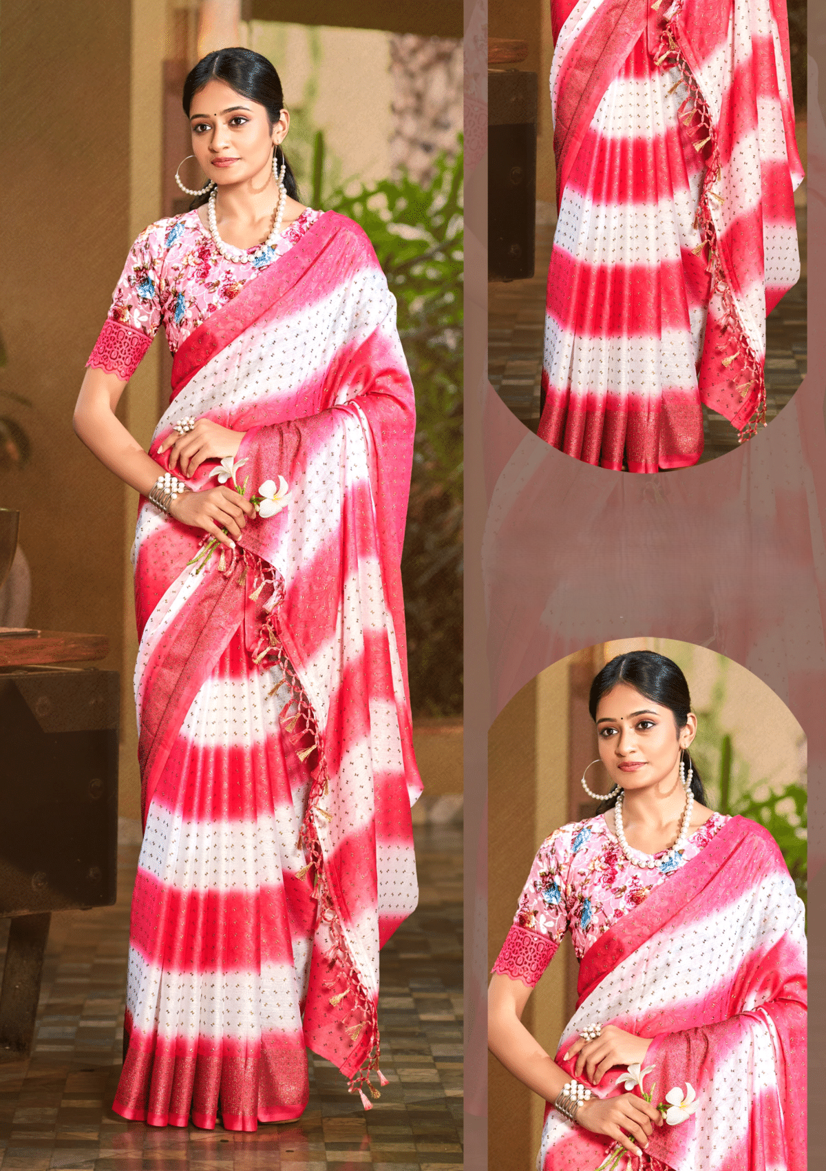 Seven Four Moss Rimjhim Jari Patta Saree with Digital Printed Blouse and Tone Matching.