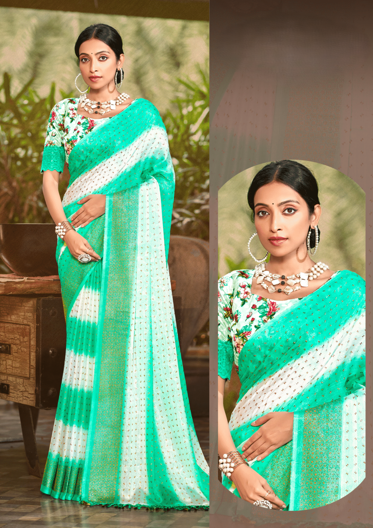 Seven Four Moss Rimjhim Jari Patta Saree with Digital Printed Blouse and Tone Matching.