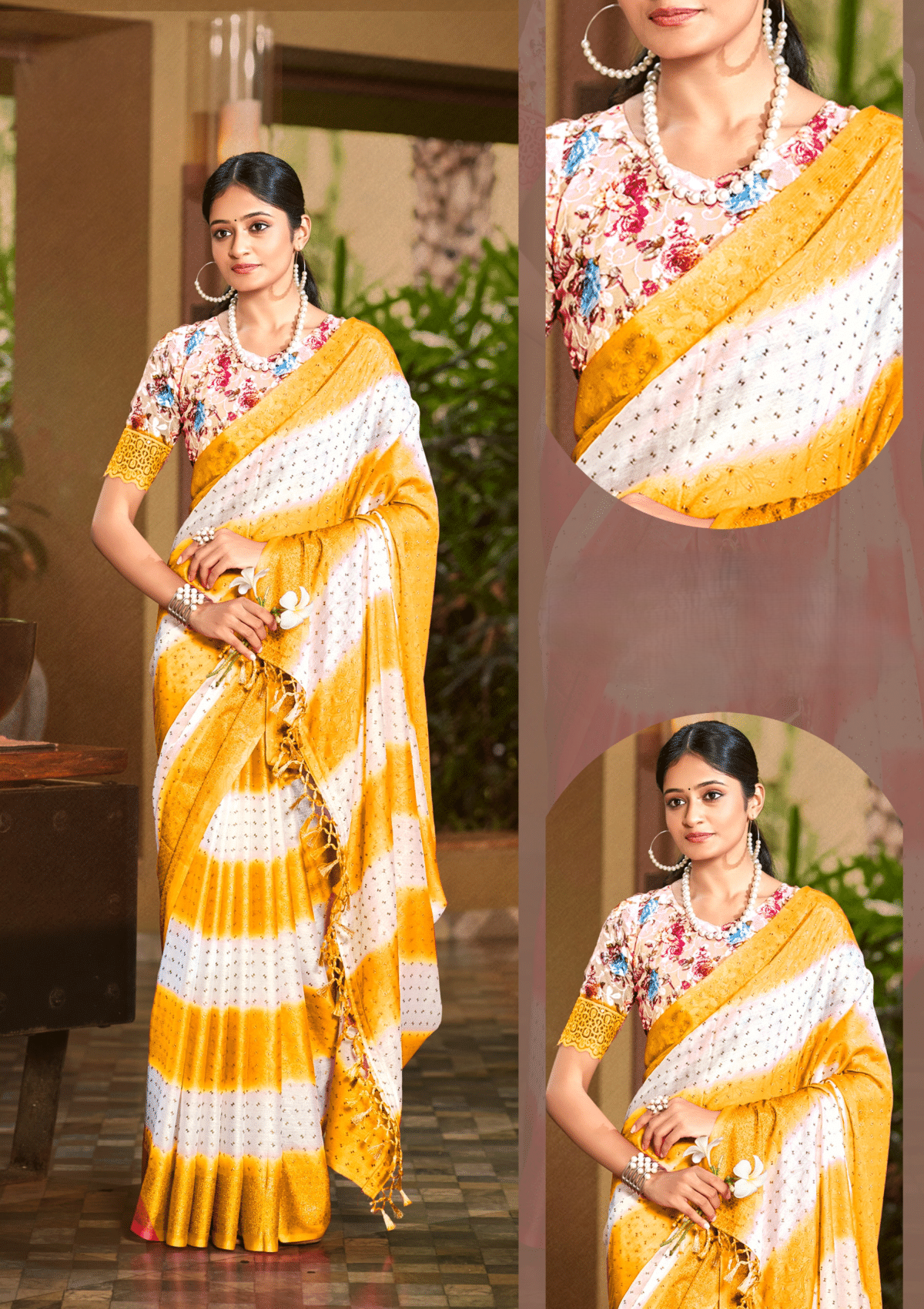 Seven Four Moss Rimjhim Jari Patta Saree with Digital Printed Blouse and Tone Matching.