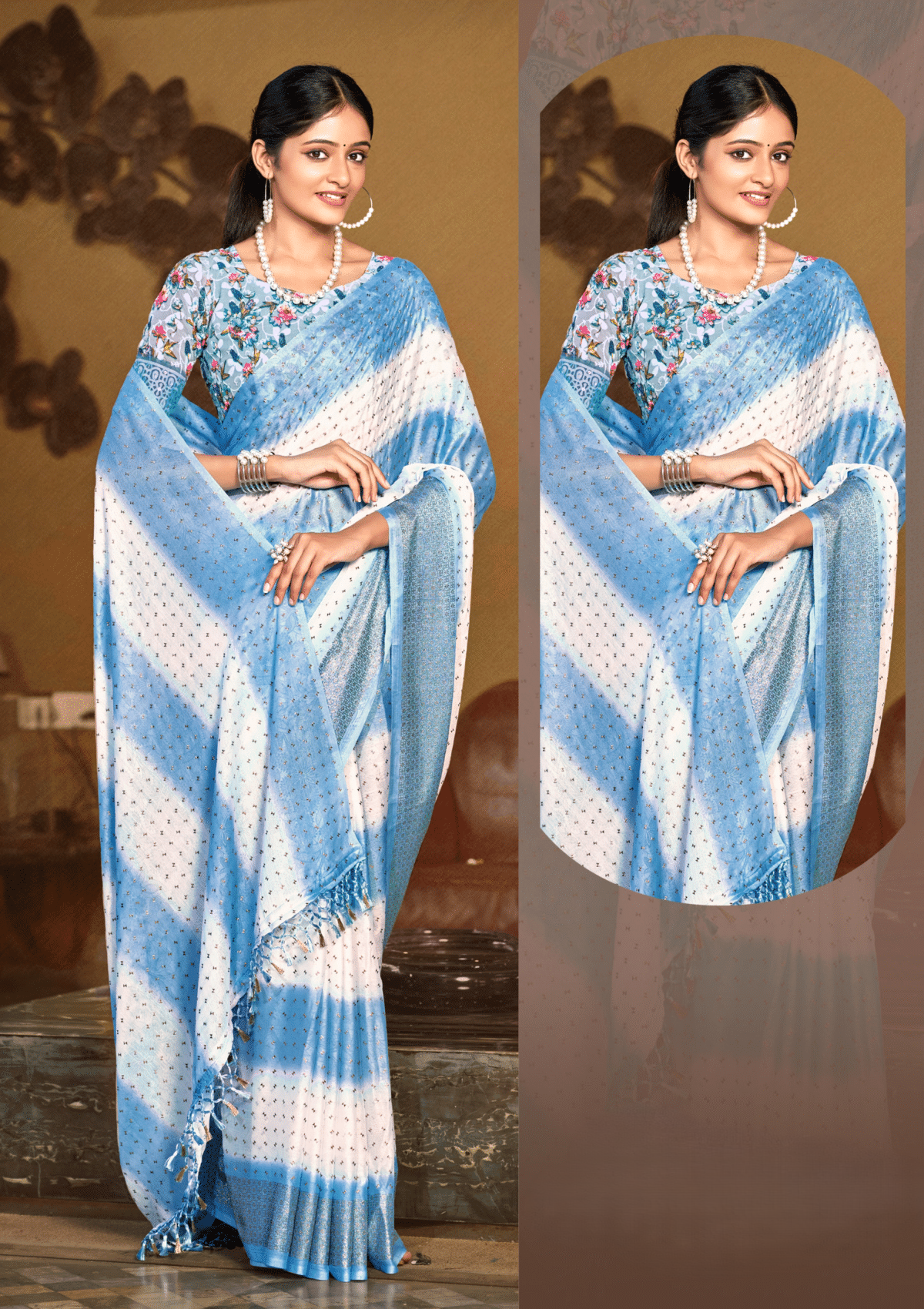 Seven Four Moss Rimjhim Jari Patta Saree with Digital Printed Blouse and Tone Matching.