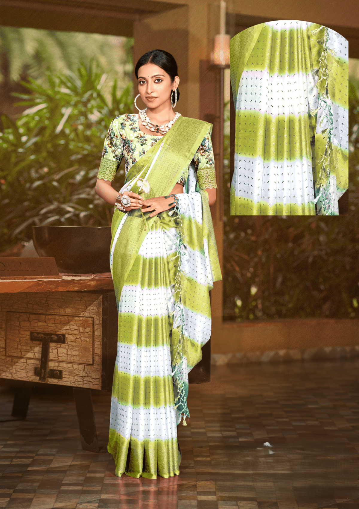 Seven Four Moss Rimjhim Jari Patta Saree with Digital Printed Blouse and Tone Matching.