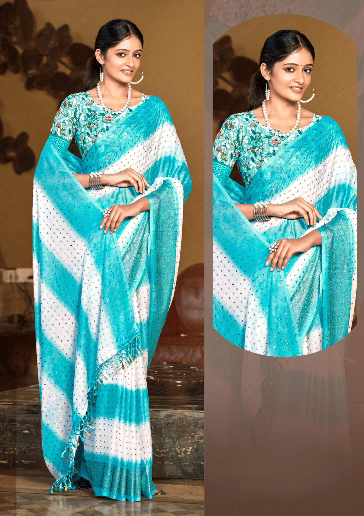 Seven Four Moss Rimjhim Jari Patta Saree with Digital Printed Blouse and Tone Matching.