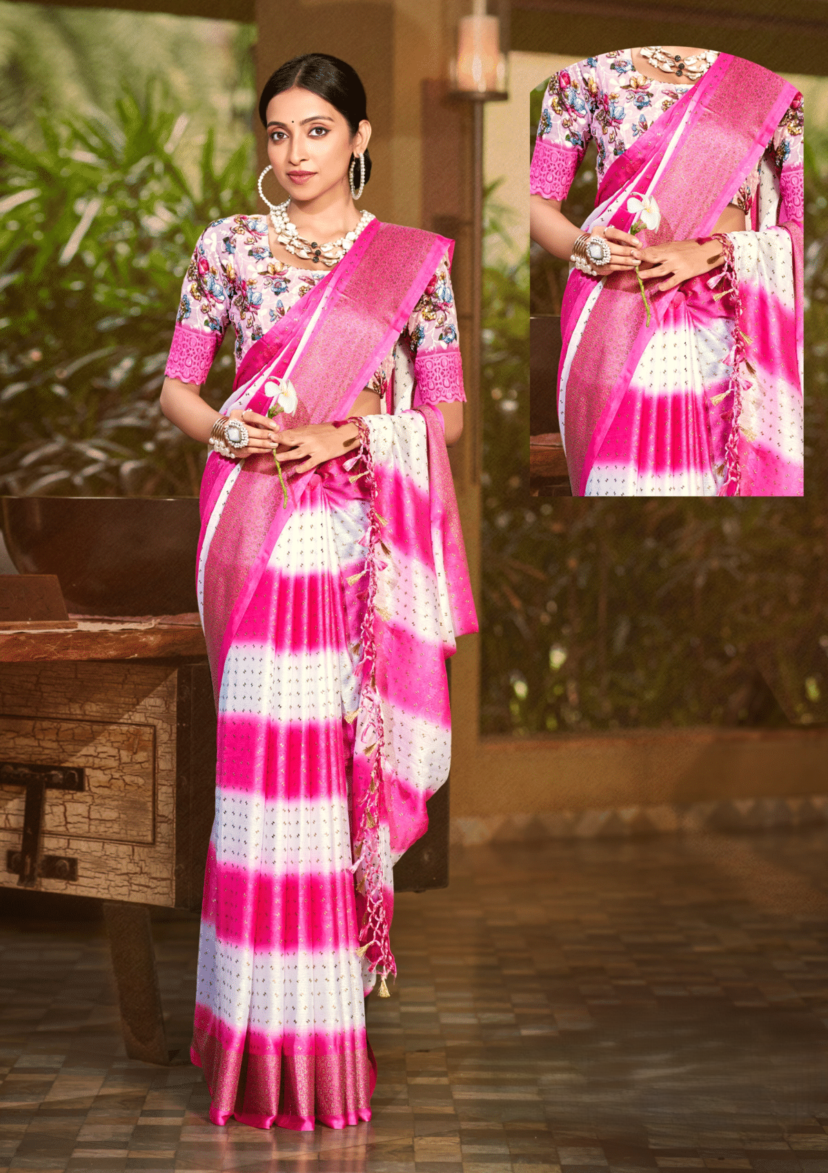 Seven Four Moss Rimjhim Jari Patta Saree with Digital Printed Blouse and Tone Matching.