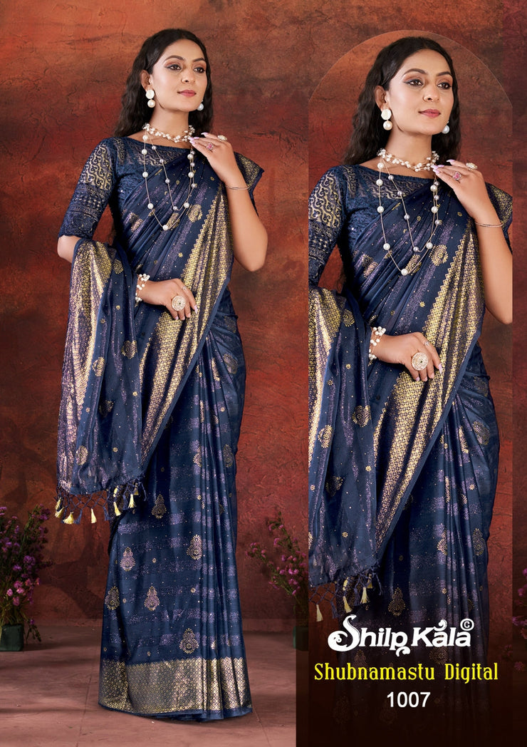 Shubhnamastu Navy Blue Jari Patta Saree with Elegant Design