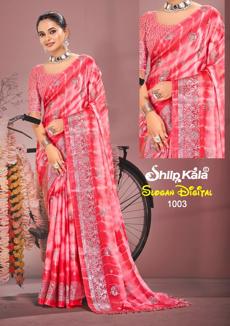 Slogan Multicolour Moss Fabric Saree with Padding Concept and Net Blouse (8 Colours Available)