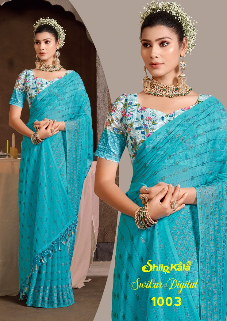 Swikar Multicolor Saree with Silver Foil Printing and Fancy Fabric (8 Colours Available).