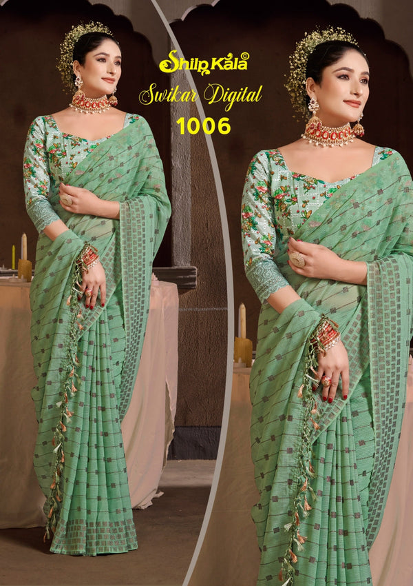 Swikar Pista Green Saree with Silver Foil Printing and Fancy Fabric