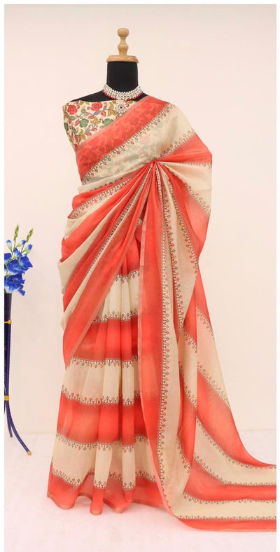 Soft Cotton Chanderi Orange Saree with Fancy Blouse 1