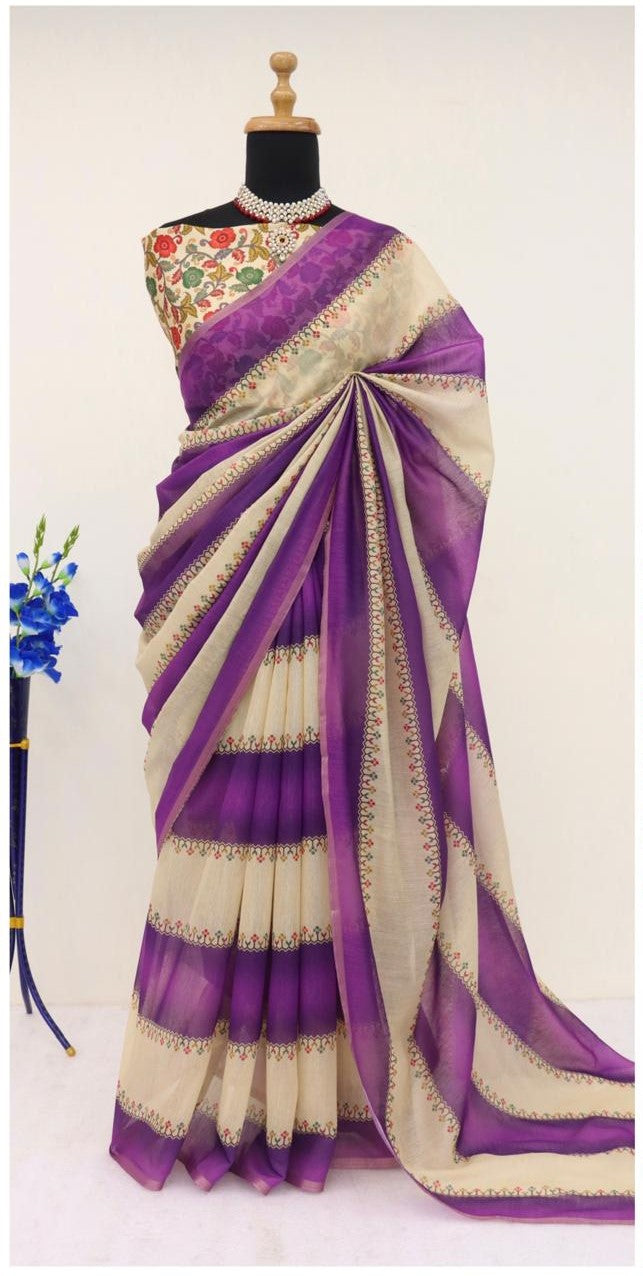 Soft Cotton Chanderi Purple Saree with Fancy Blouse 1