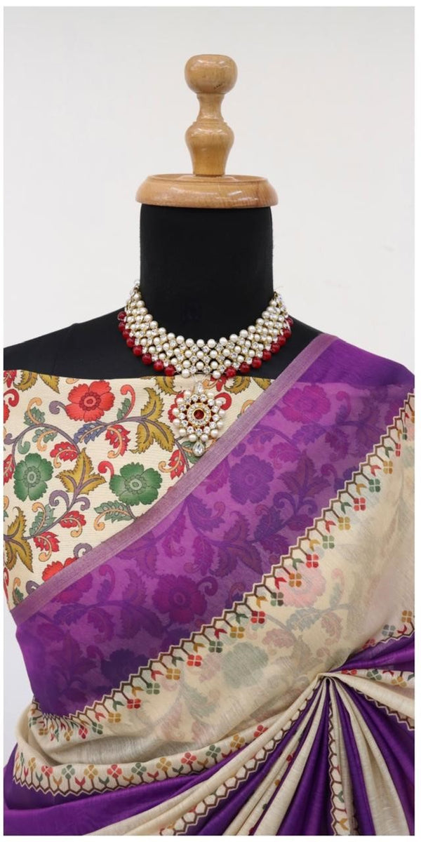 Soft Cotton Chanderi Purple Saree with Fancy Blouse 1