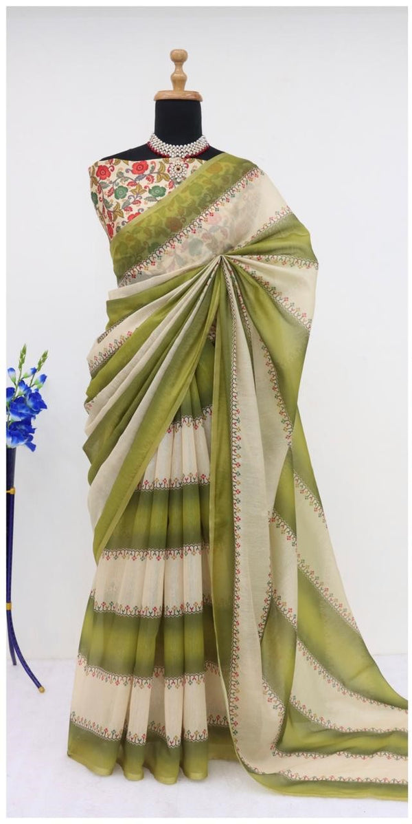 Soft Cotton Chanderi Mehendi Green Saree with Fancy Blouse 1