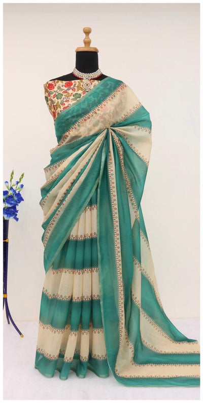 Soft Cotton Chanderi Peacock Blue Saree with Fancy Blouse 1