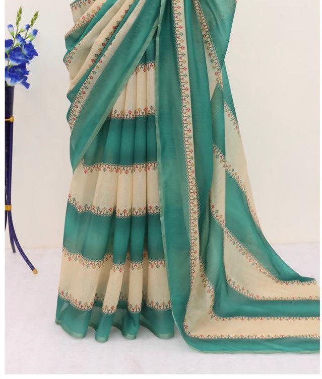 Soft Cotton Chanderi Peacock Blue Saree with Fancy Blouse 1