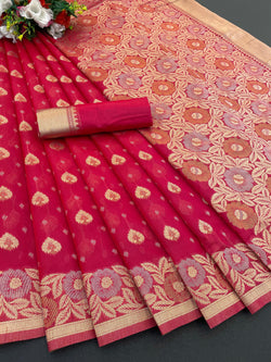 Rose Rani Pink Top Dyed Jacquard Saree with Fancy Blouse.