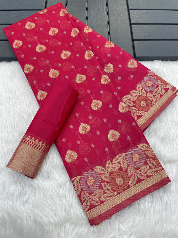 Rose Rani Pink Top Dyed Jacquard Saree with Fancy Blouse.