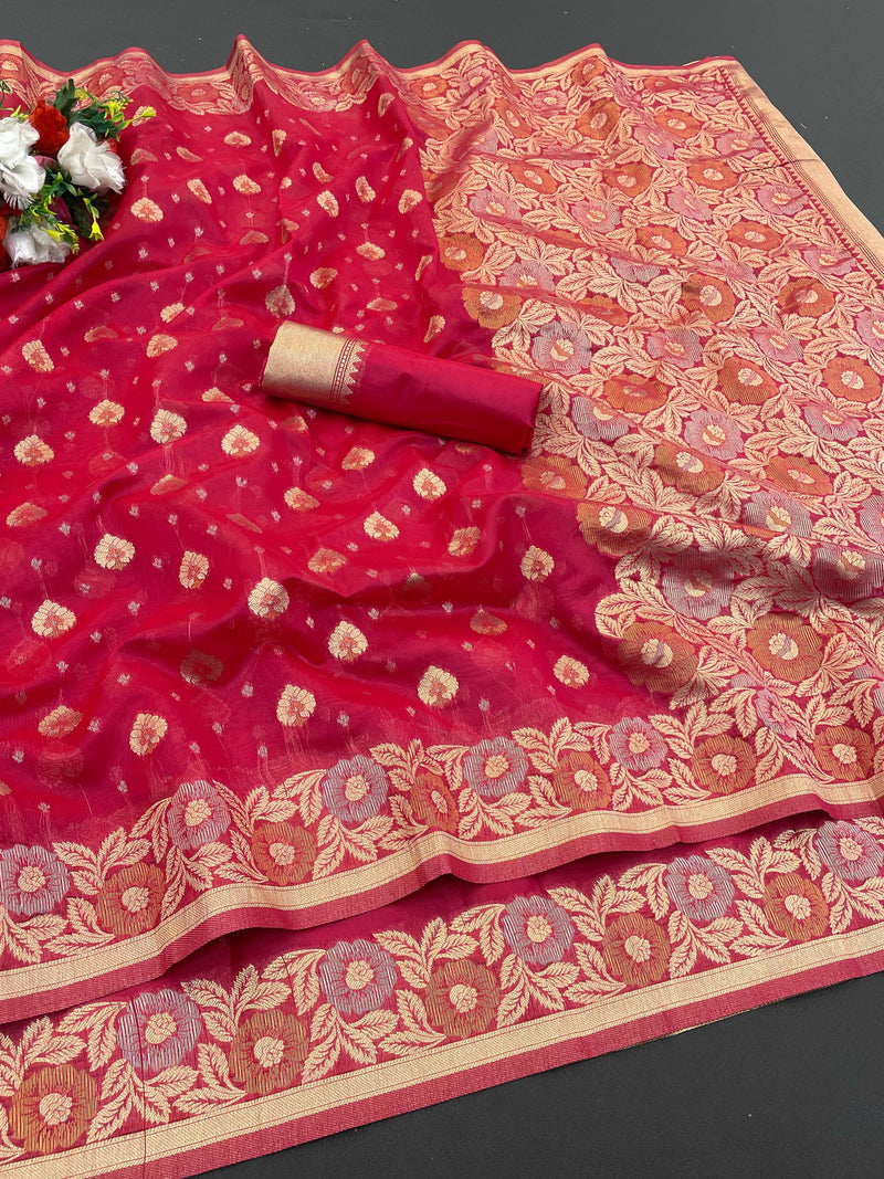 Rose Rani Pink Top Dyed Jacquard Saree with Fancy Blouse.