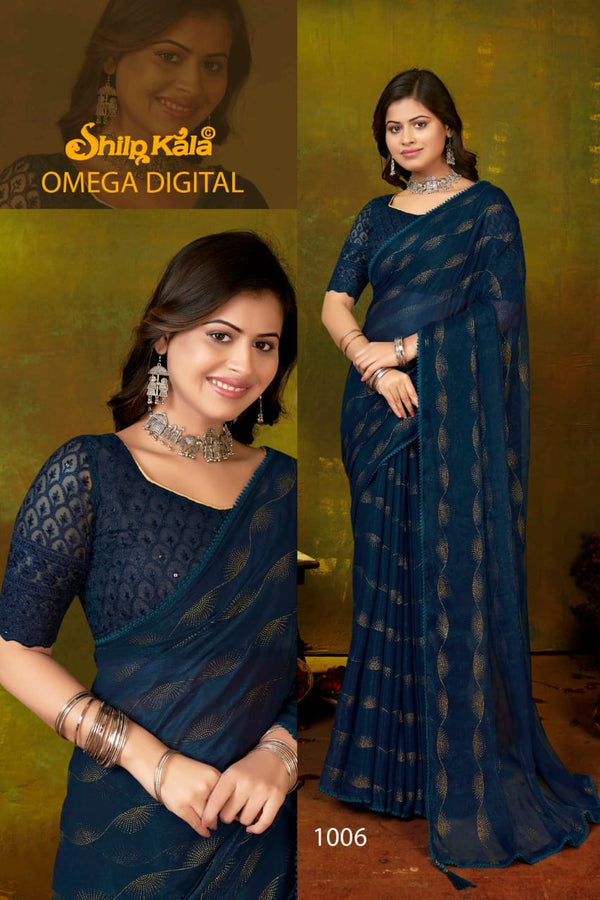 Omega Petrol Blue Chiffon Saree with Tone to Tone Matching