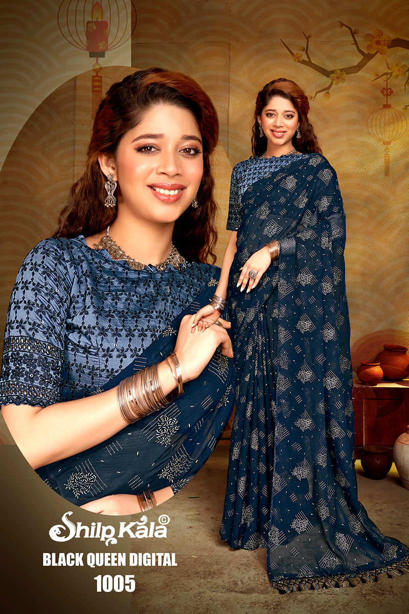Black Queen Multicolor Chiffon Saree with Fancy Blouse and Tone to Tone Colour Matching