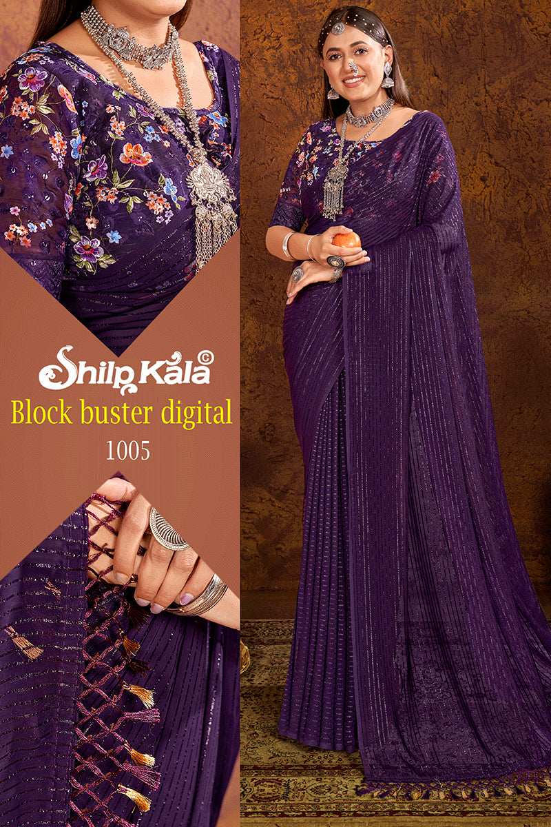 Blockbuster Multicolor Chiffon Saree with Jhaalar and Digital Printed Blouse