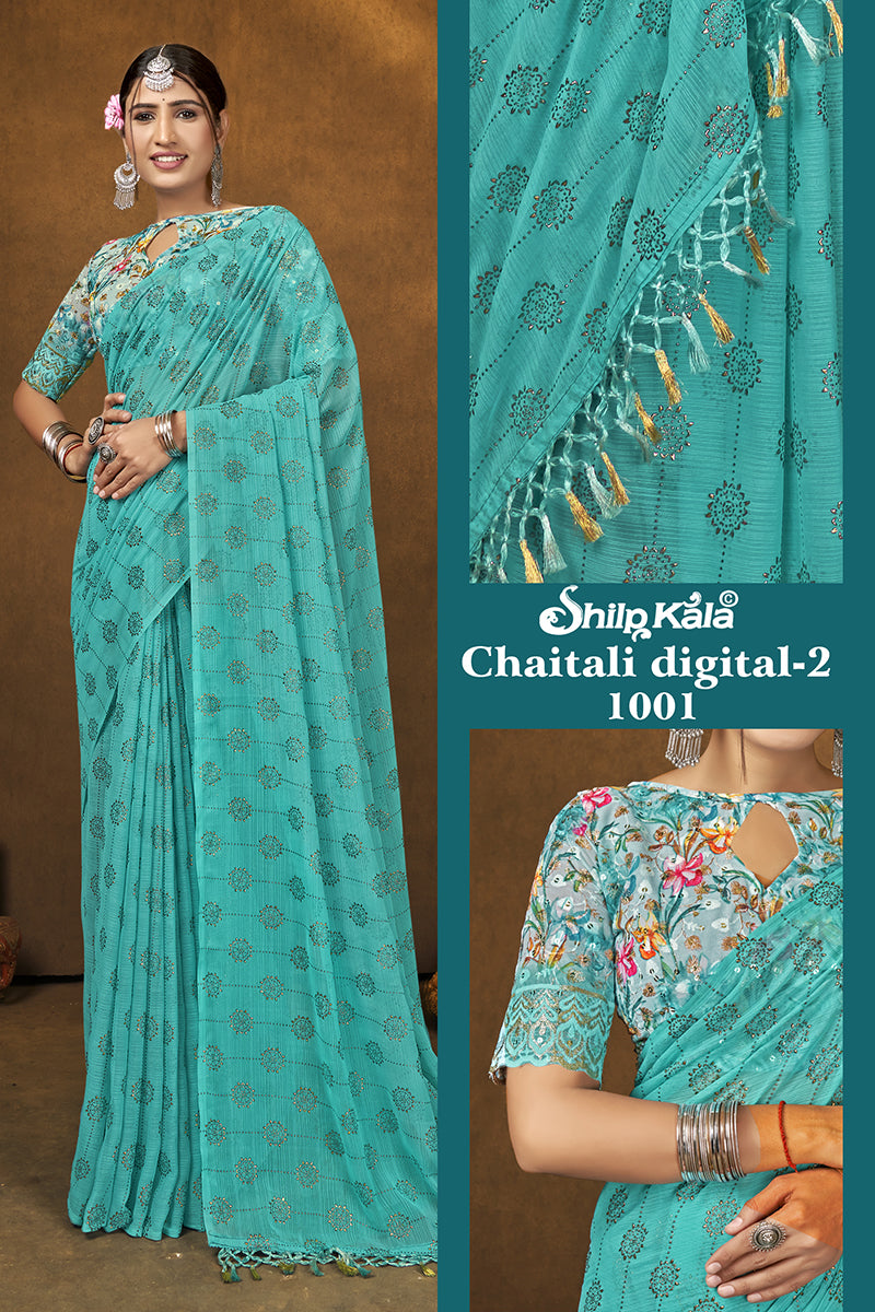 Chaitali Multicolor Chiffon Saree with Digital Printed Blouse