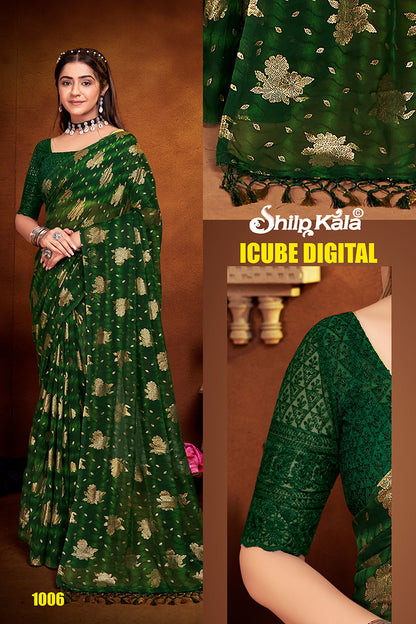 Icube Multicolor Chiffon Saree with Net Blouse and Tone to Tone Matching