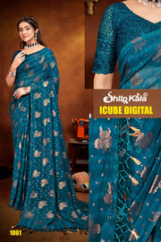 Icube Peacock Blue Saree with Net Blouse and Tone to Tone Matching