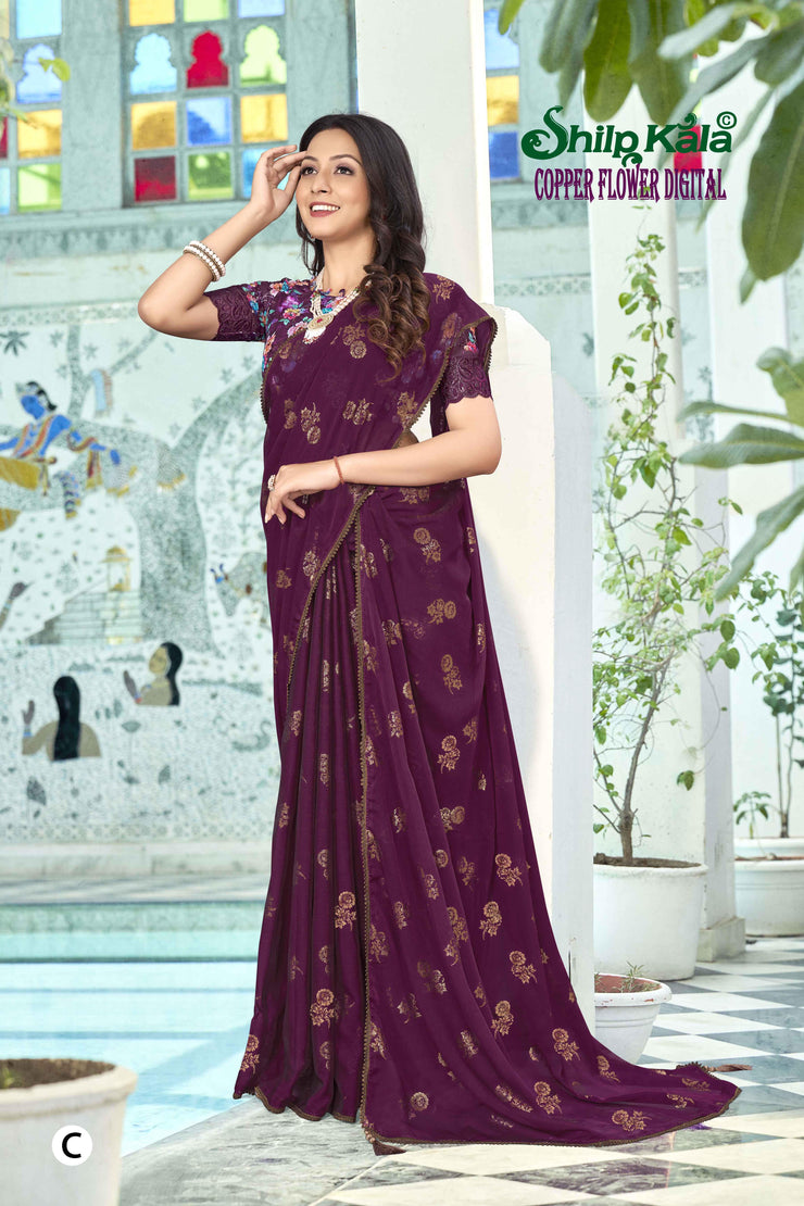 Copper Flower Multicolor Saree with Digital Printed Saree (8 Colours Available)