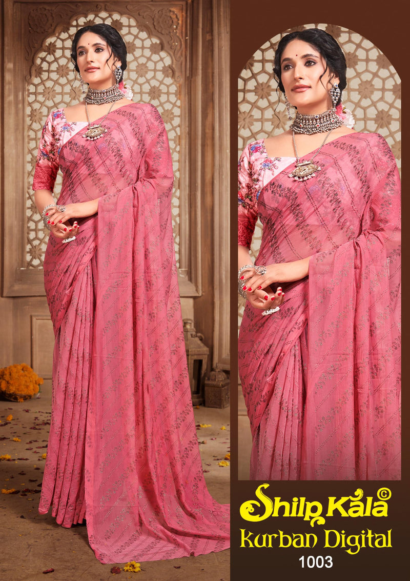 Kurban Multicolor Chiffon Saree with Digital Shifli Blouse. (8 Colours)