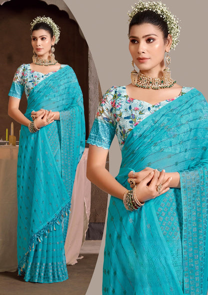 Swikar Multicolor Saree with Silver Foil Printing and Fancy Fabric (7 Colours Available).