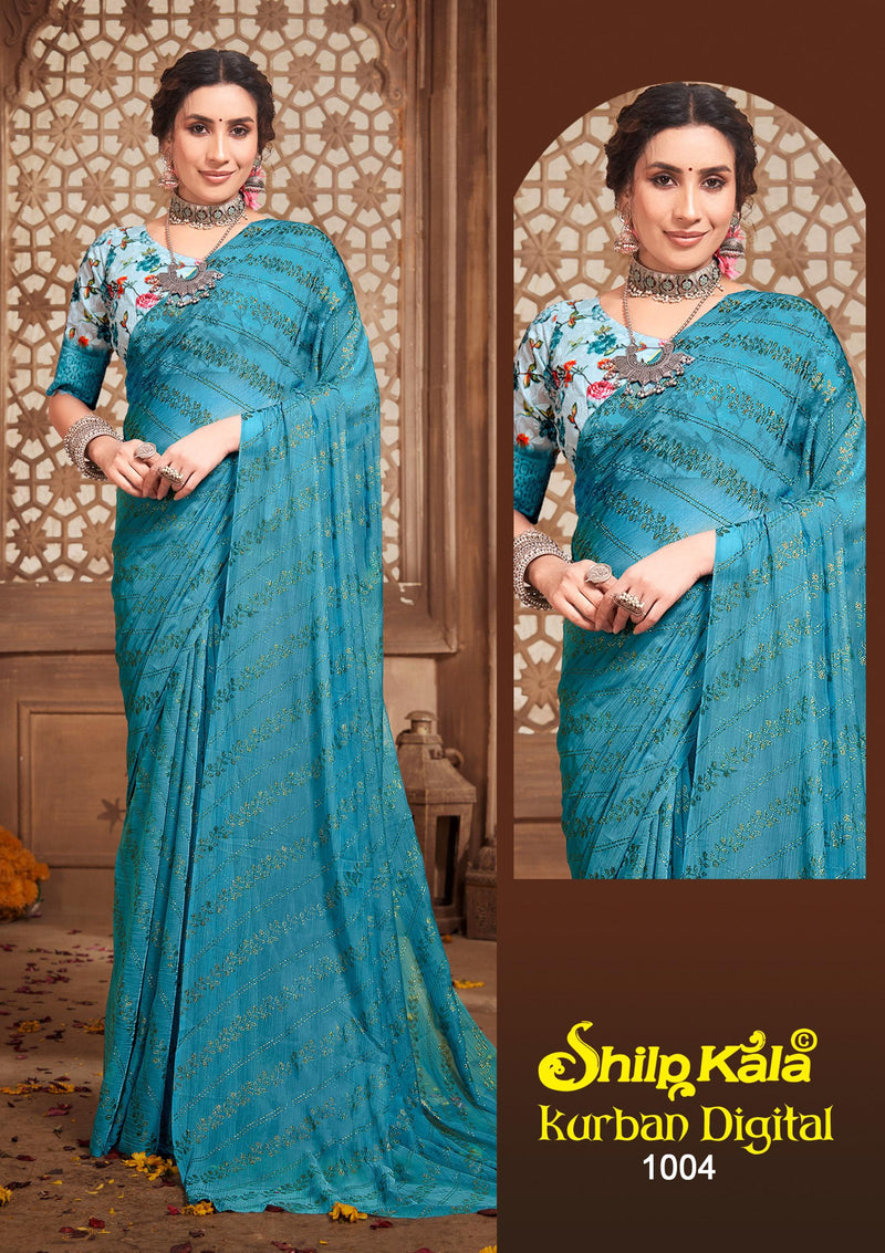 Kurban Multicolor Chiffon Saree with Digital Shifli Blouse. (8 Colours)