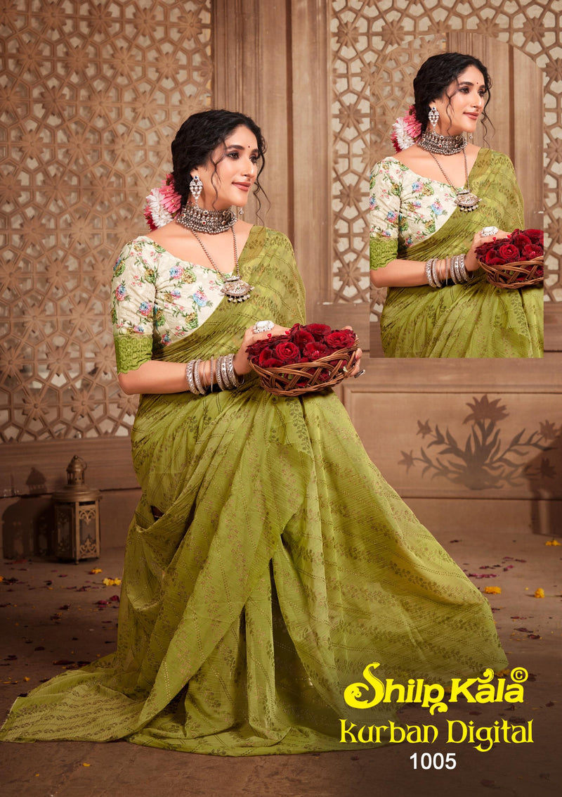 Kurban Multicolor Chiffon Saree with Digital Shifli Blouse. (8 Colours)