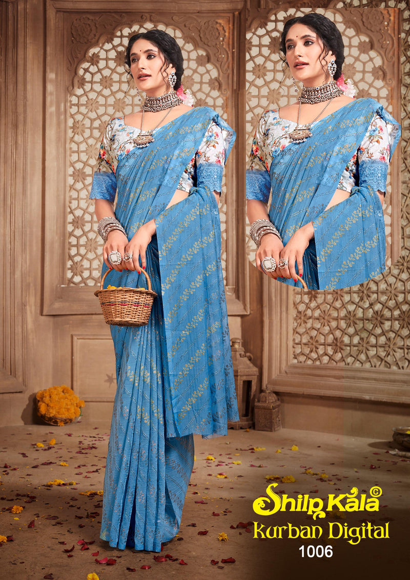 Kurban Multicolor Chiffon Saree with Digital Shifli Blouse. (8 Colours)