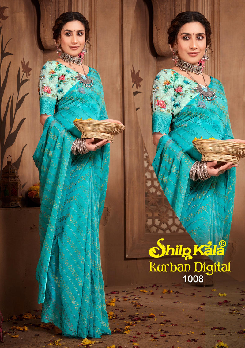 Kurban Multicolor Chiffon Saree with Digital Shifli Blouse. (8 Colours)