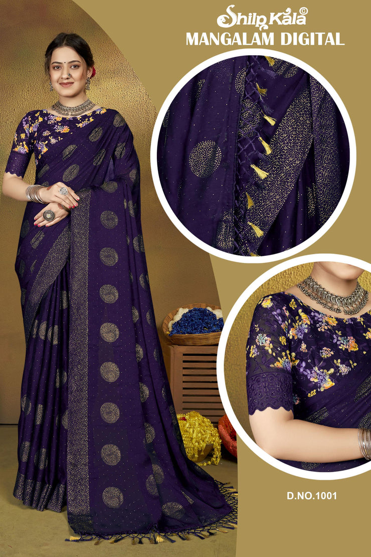 Mangalam Purple  Saree with Digital Shifli Blouse and Jhaalar Work