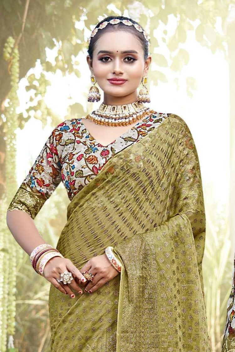 Rado Light  Moss  Saree with Digital Printed Blouse and Best Selling Saree Design