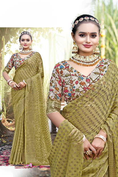 Rado Light  Moss  Saree with Digital Printed Blouse and Best Selling Saree Design