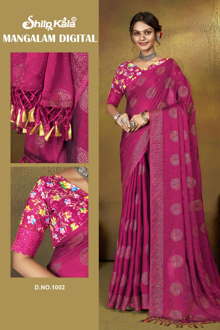 Mangalam Multicolor Moss Saree with Digital Shifli Blouse and Jhaalar Work (8 Colours Available).