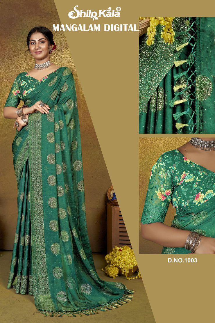 Mangalam Multicolor Moss Saree with Digital Shifli Blouse and Jhaalar Work (8 Colours Available).