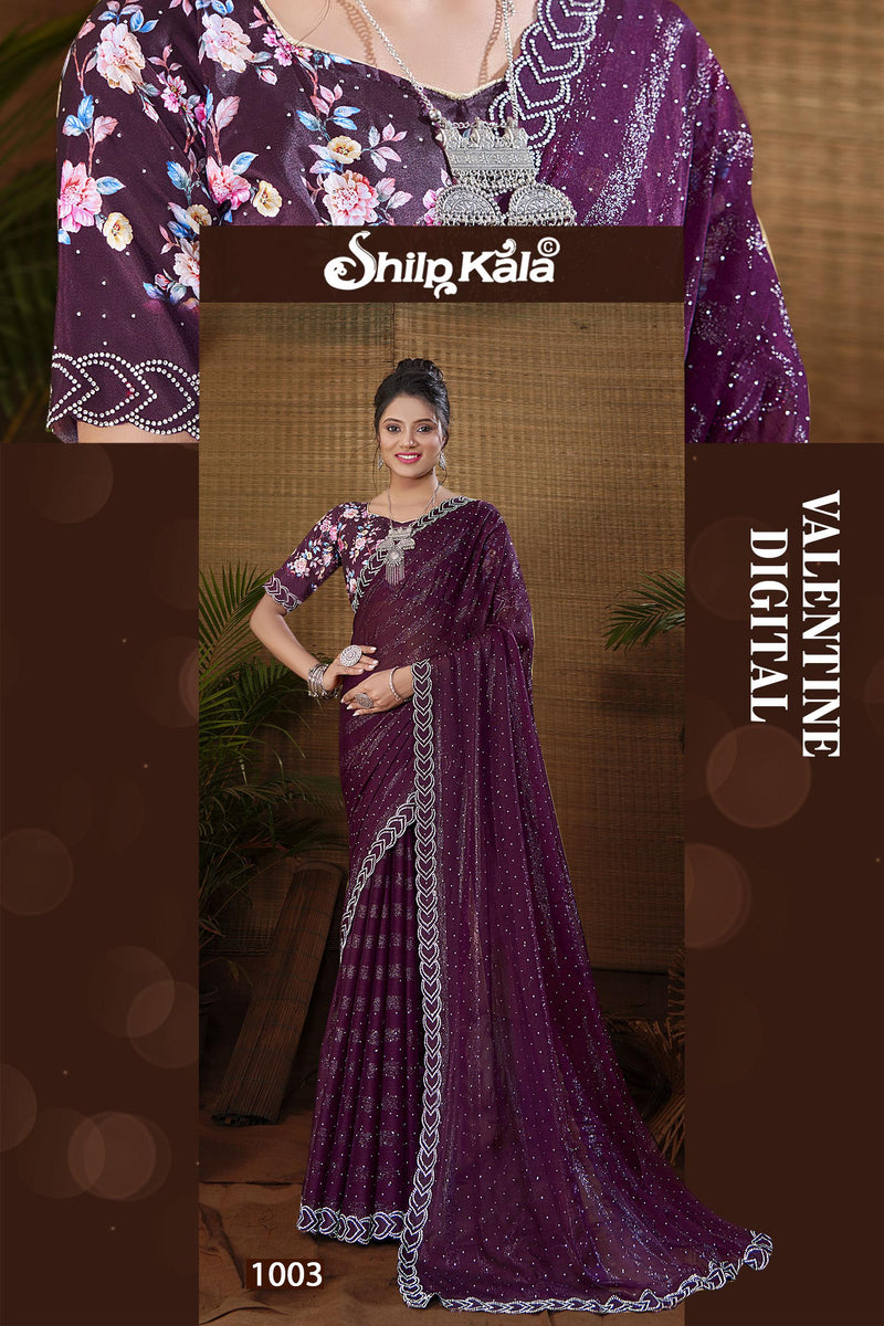 Valentine Multicolour Saree with Digital Shifli Blouse and Jarkan Stone Work Concept