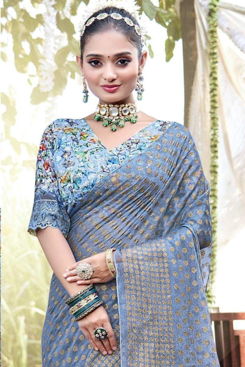 Rado Light  Moss  Saree with Digital Printed Blouse and Best Selling Saree Design