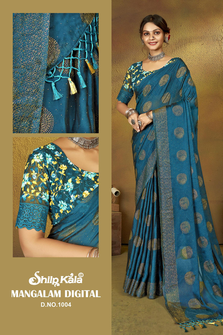 Mangalam Multicolor Moss Saree with Digital Shifli Blouse and Jhaalar Work (8 Colours Available).