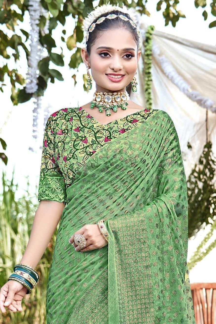 Rado Light  Moss  Saree with Digital Printed Blouse and Best Selling Saree Design