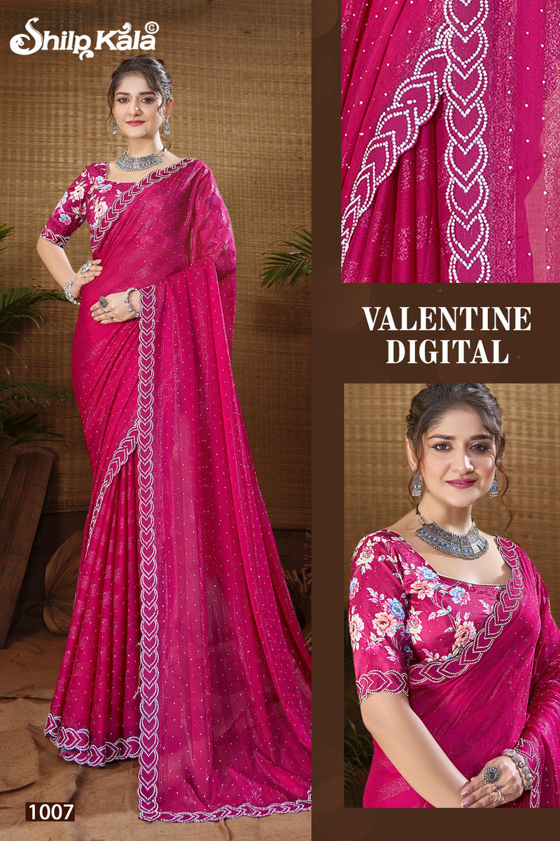 Valentine Multicolour Saree with Digital Shifli Blouse and Jarkan Stone Work Concept