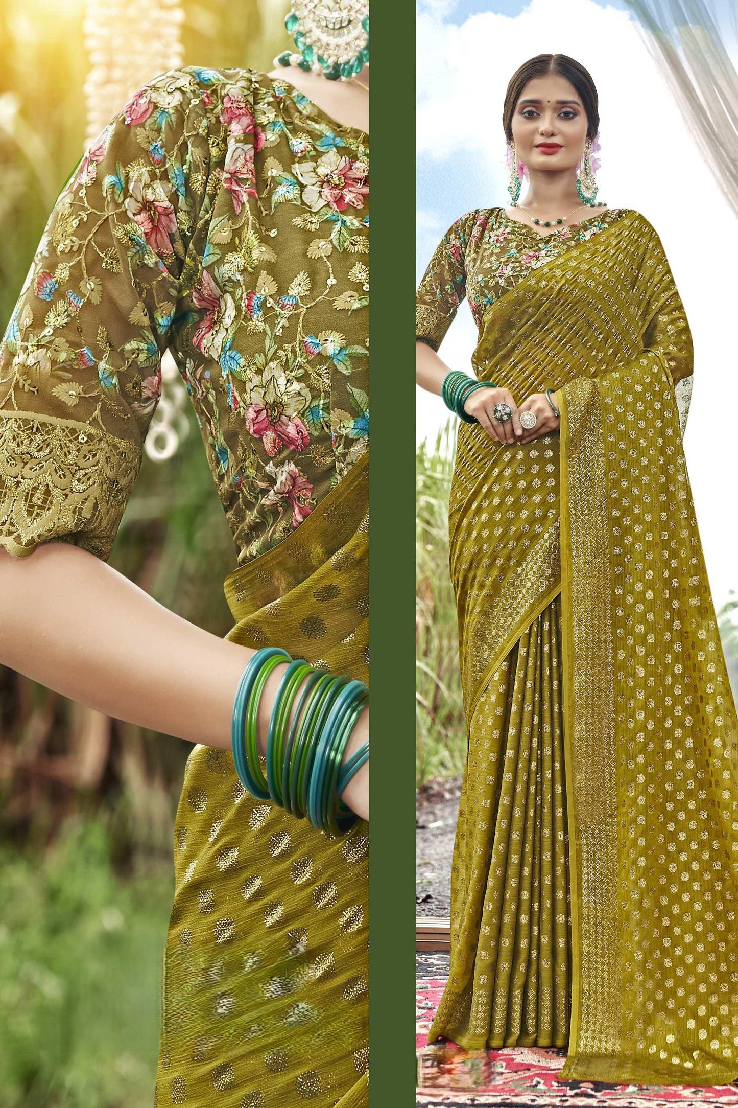 Rado Digital Gold Moss Saree with Digital Printed Blouse and Best Selling Saree Design