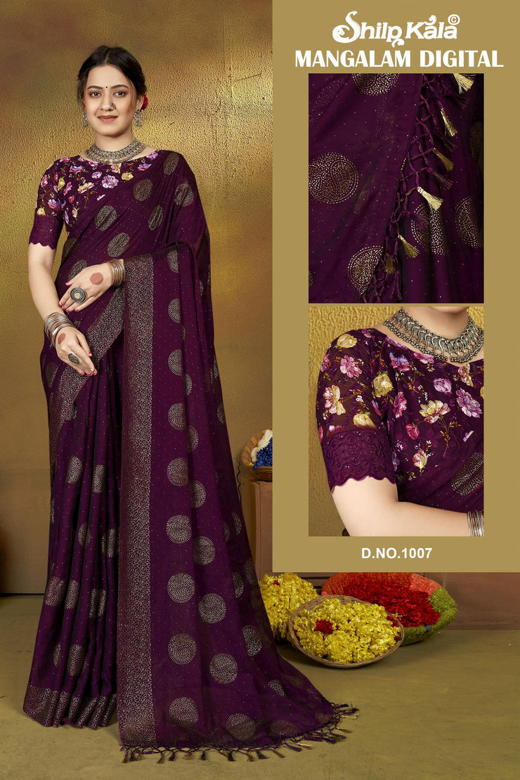 Mangalam Multicolor Moss Saree with Digital Shifli Blouse and Jhaalar Work (8 Colours Available).