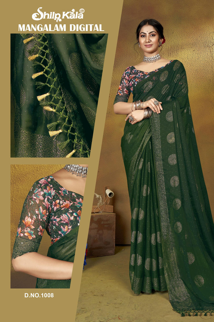 Mangalam Multicolor Moss Saree with Digital Shifli Blouse and Jhaalar Work (8 Colours Available).